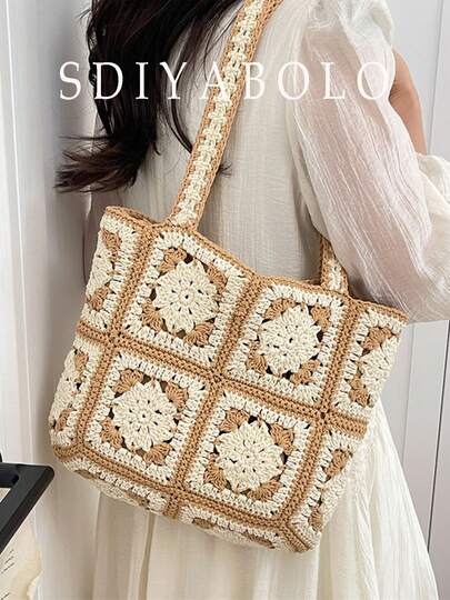 新款针织包多功能镂空沙滩包小众风格手提包大容量托特包适合日常使用工作旅行购物度假