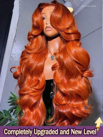 200% Density 28 Inch #350 Ginger Color 13x4 HD Transparent Lace Front Wigs Pre Plucked Hairline Wigs 28 Inch Glueless Body Wave Human Frontal Hair Women's Fashion Blended Wig Suitable For Daily Wear Or Gatherings