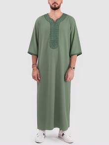 Bata de manga corta con bordado marroquí y bolsillos laterales para hombres, bata casual de casa islámica para hombres, bata de Ramadán para hombres - Verde - Ver 1