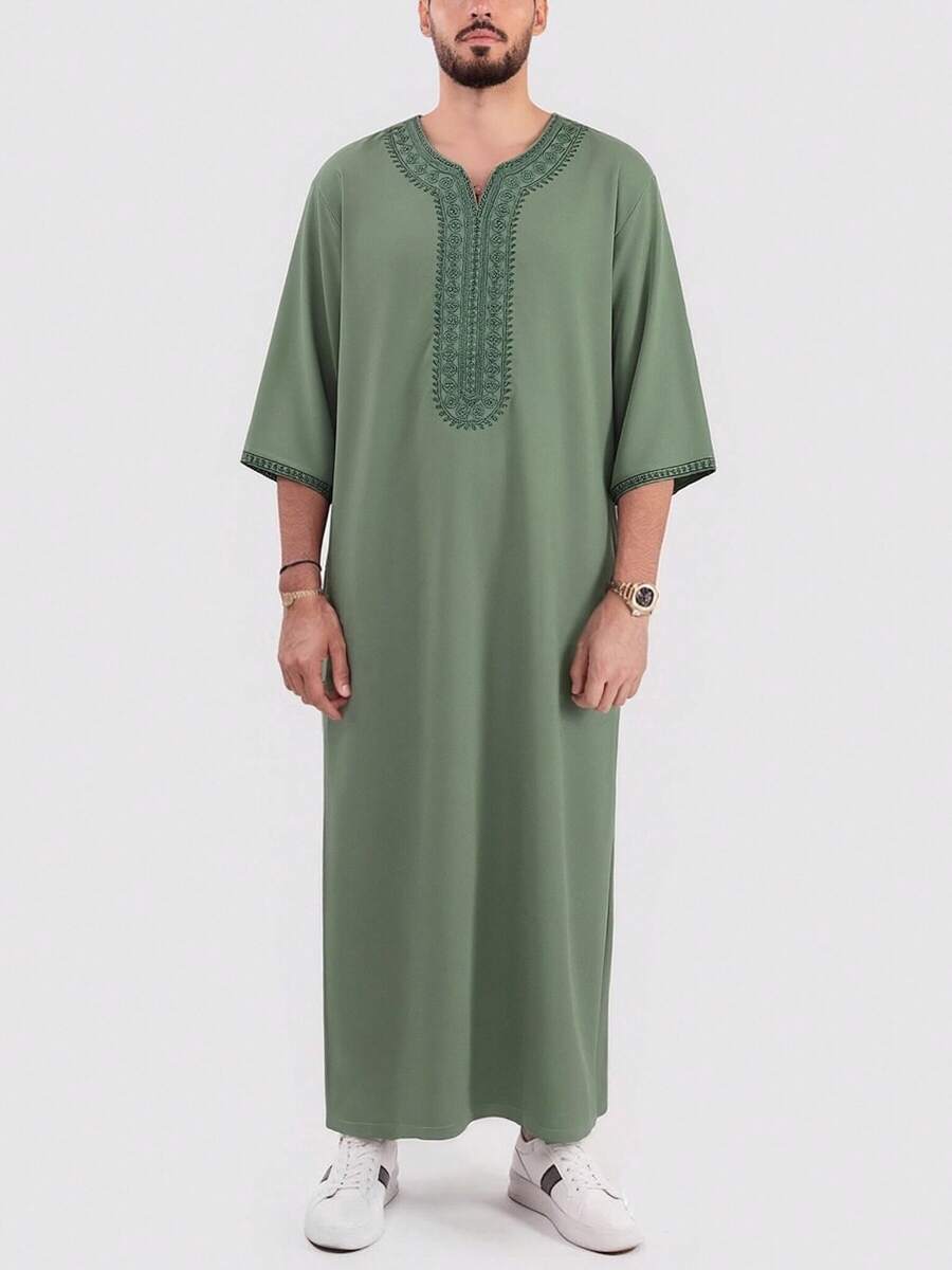 Bata de manga corta con bordado marroquí y bolsillos laterales para hombres, bata casual de casa islámica para hombres, bata de Ramadán para hombres - Verde - Ver 1