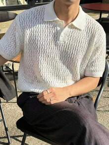 Men's Loose Polo Collar Half-Open Hollow Breathable Thin Short Sleeve T-Shirt Pullover Knit Top, Spring & Summer - Beige - View 1