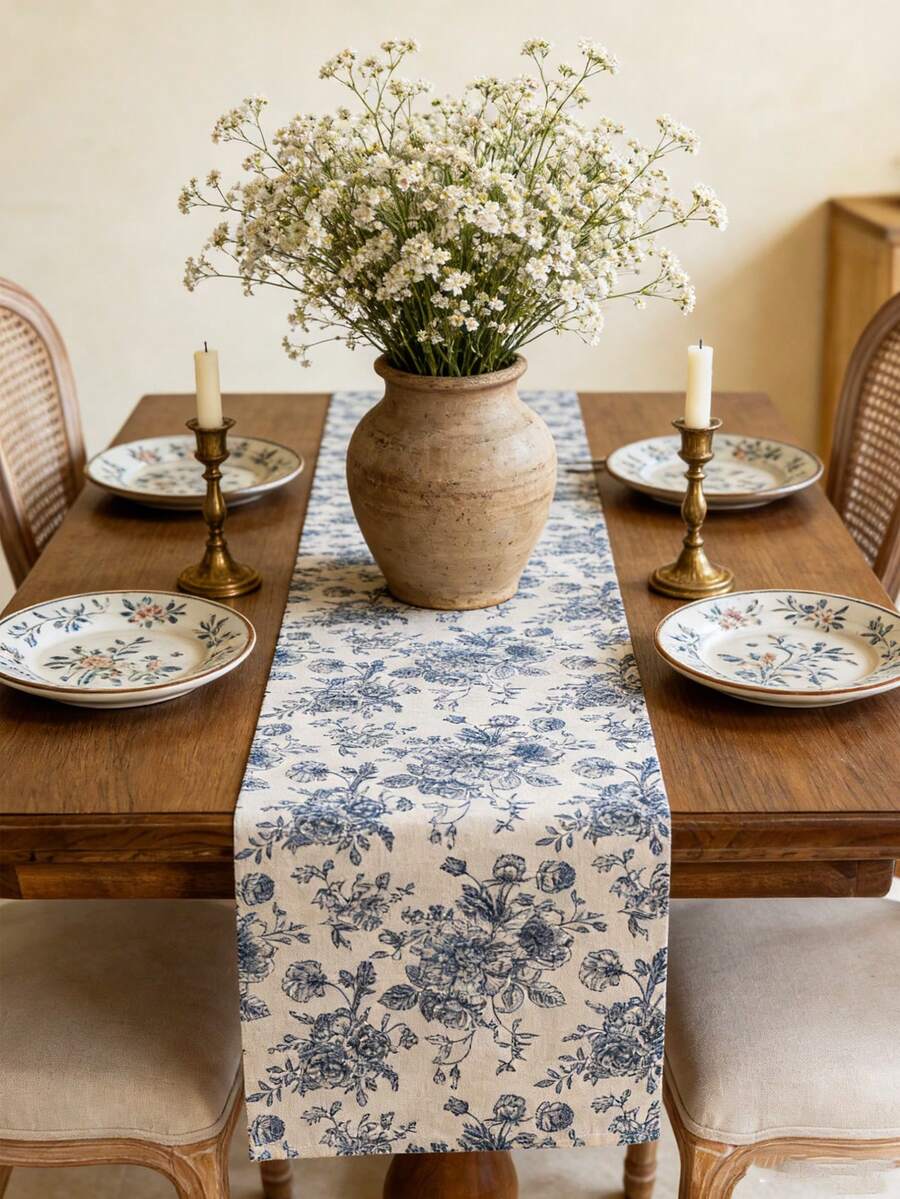1 chiếc khăn trải bàn hình chữ nhật họa tiết hoa màu xanh dương cổ điển, phong cách trang trại, có thể giặt được, dùng trang trí bàn ăn, bàn cà phê, tủ đựng đồ, tủ trưng bày, thích hợp cho các buổi họp mặt ngoài trời, dã ngoại, tiệc tùng, lễ hội, mọi mùa, xuân/hè. - Màu xanh lam - Xem 1