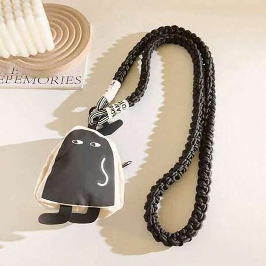 1条黑白卡通元素简笔画尼龙编织挂绳,适用于苹果无线蓝牙耳机保护套,短款挂绳迷你斜挎包钥匙扣零钱包多功能手机壳带夹子,春季礼物 - 彩色 - 查看 1