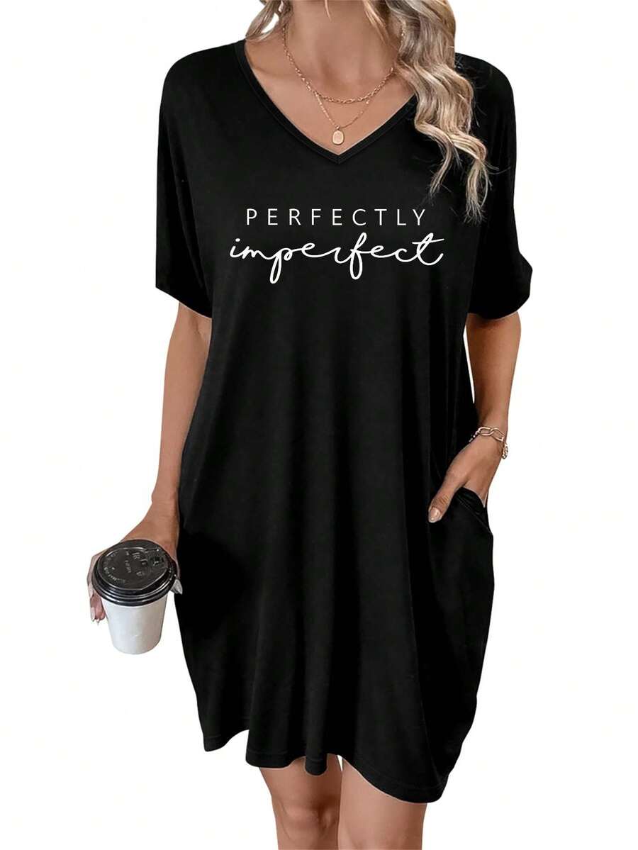 Women's Casual Knitted V Neck Half Sleeve Midi Tee Dress With Pockets Plus Size - màu đen - Xem 1