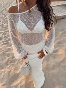 Doriss Vacation Style 两件套露肩泡泡袖网纱亮片透视上衣和半裙套装，适合返校、度假、派对、舞会等场合，做工精致，是夏季女士服装、音乐会服装、早午餐服装、婚礼宾客礼服的理想之选，充满波西米亚风情。 - 杏色 - 查看 3