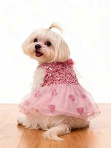 LUCKIE LABO 1pc Bling Bling Sequin Heart & Rose Floral Pattern Pet Dress, Comfortable & Breathable, Suitable For Small Dogs & Cats, Wedding, Valentine's Day, Birthday Party - Pink - View 2