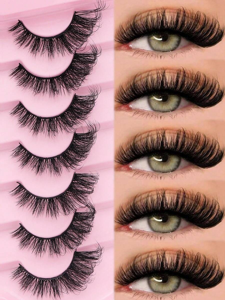 7 Pairs Of Natural Faux Mink Eyelashes, D Curl 3D Thick & Long Synthetic False Eyelash Strips, Cat Eye Style Strip Lashes,Lashes,Eyelashes,Fake Lashes - Fluffy Lashes - View 1