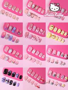 SANRIO 288片/套（12种混合）短方形3D凝胶豹纹法式贴片，贴合短指甲，饰有可爱星星、爱心、蝴蝶结仿珍珠和水钻，粉色少女风，完美贴合假指甲套装，适合女性和女孩日常及派对使用。 - 彩色 - 查看 10