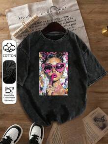 复古水洗短袖T恤，印有嘴唇图案和心形太阳镜，女士波普艺术涂鸦图案T恤，女士水洗棉T恤，日常女装，雪花图案面料，舒适圆领休闲上衣，复古做旧T恤，春夏服装，女士节日服装，情人节，夏季黑色 - 黑色 - 查看 3