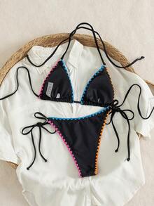 PEPPERMOLLY Bộ bikini hai mảnh màu đen dành cho nữ - Bộ đồ bơi họa tiết hình học tương phản nổi bật với quần bơi buộc dây bên hông, đồ bơi gợi cảm cho kỳ nghỉ biển, tiệc bể bơi và các buổi tụ họp mùa hè. - màu đen - Xem 4