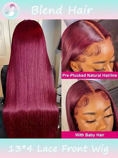 酒红色蕾丝前假发，真人发混纺直发，13x4蕾丝假发，180%密度，8-36英寸，99J色，长波波头（混纺假发 - 真人发和合成纤维混合）。真人发混纺假发/女士真人发混纺假发/真人发混纺蕾丝前假发/无胶假发/漂白发结/预先拔毛/蕾丝假发/送给她的礼物/浪漫礼物/爱情礼物/情侣礼物/情人节礼物