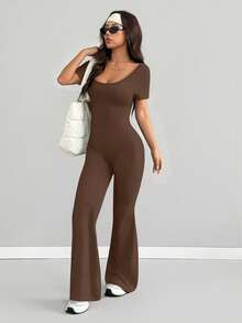 AITYI Studio 女士连体裤，修身剪裁，休闲 U 领纯色时尚性感舒适修身款，适合户外运动，适合毕业典礼、新年、情人节、狂欢节等场合，四季皆宜，弹力针织短袖喇叭裤连体裤 - 棕色 - 查看 5