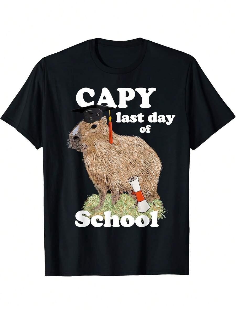 Camiseta de graduación para hombre - Diseño de capibara para el último día de clases con birrete de graduación - Camiseta de algodón suave y transpirable para graduados, amantes del té y los animales - Ropa informal para el día a día y para graduaciones - Negro 32 - Ver 1