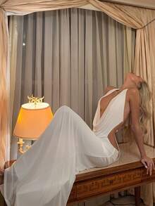 Vestido blanco con escote pronunciado y espalda descubierta, elegante vestido de fiesta de primavera - Blanco - Ver 3