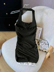 带衬垫露背褶皱腰部紧身迷你连衣裙 - 黑色 - 查看 5