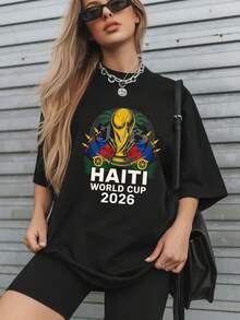 Women's Stylish Haiti World Cup Theme T-Shirt, Short Sleeve Round Neck Cotton Top With Slight Stretch Women's Fun Printed Cotton T-Shirt Haiti World Cup 2026 Soccer Trophy Design Football Fanwear Casual Street Style S To 2XL Light And Not Stuffy Suitable For All Seasons Suitable For Daily Leisure Street Wear And Other Scenes.  250th Anniversary Vacation T-Shirt,Summer Outfits For Women,Spring Clothes,Conjunto De Mujeres Elegantes,Camisetas Summer Y2K Style Outfits - 黑色 - 查看 1
