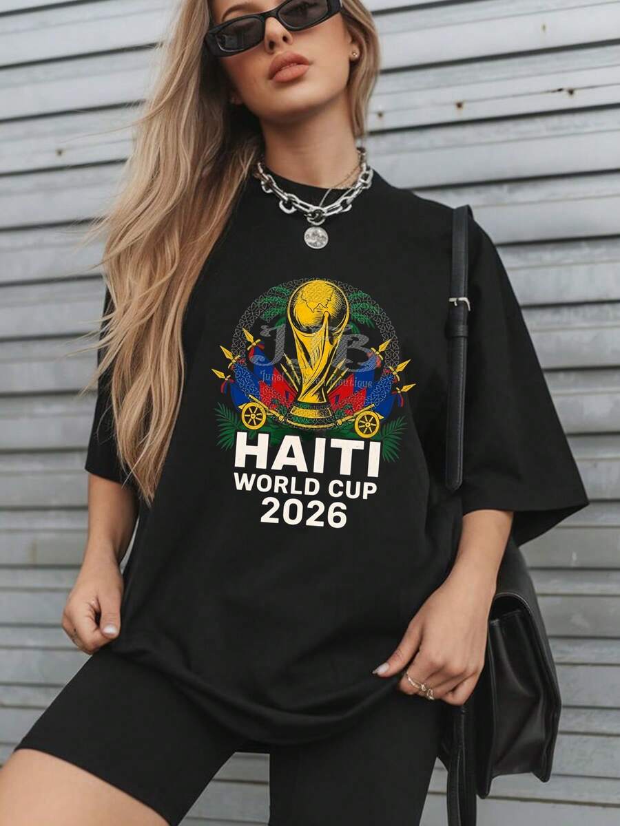 Women's Stylish Haiti World Cup Theme T-Shirt, Short Sleeve Round Neck Cotton Top With Slight Stretch Women's Fun Printed Cotton T-Shirt Haiti World Cup 2026 Soccer Trophy Design Football Fanwear Casual Street Style S To 2XL Light And Not Stuffy Suitable For All Seasons Suitable For Daily Leisure Street Wear And Other Scenes.  250th Anniversary Vacation T-Shirt,Summer Outfits For Women,Spring Clothes,Conjunto De Mujeres Elegantes,Camisetas Summer Y2K Style Outfits - 黑色 - 查看 1