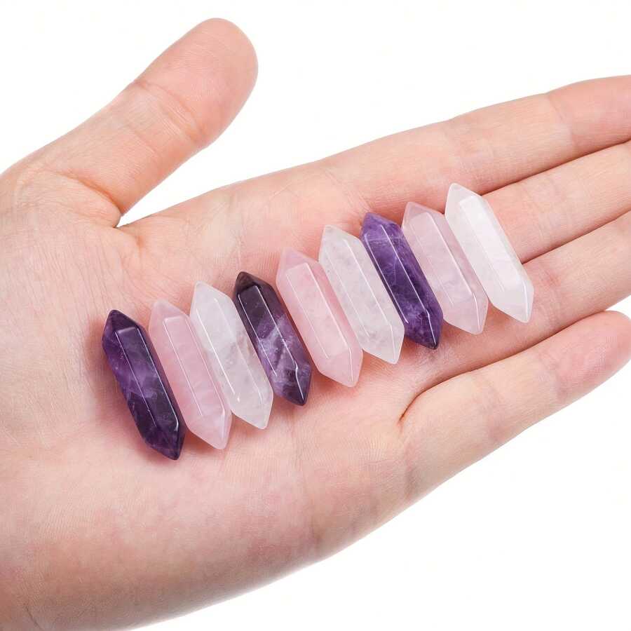 9pcs/18pcs/30pcs Natural Crystal Quartz Hexagon Amethyst Rose Quartz Transparent Quartz Crystal Points, Suitable For Crystal Healing, Perfect Holiday Gift For Beginners And Gem Enthusiasts - Multicolor - View 1