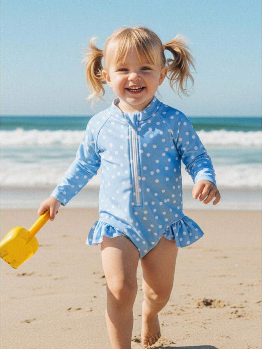 Baby Girl Rash Guard Swimsuit Dot Print Long Sleeve Mock Neck Romper Ruffled Hem Zip Up Swimwears - Blue - View 1
