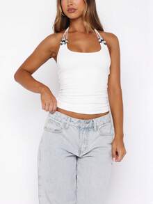 Women's Beaded Halter Tank Tops Y2K Multiple Beade Strap Slim Fit Crop Tops Sleeveless Open Back Cami Tops Solid Color Scoop Neck Vest Casual Tee Shirt For Beach Streetwear Summer Outfit - 白色 - 查看 6
