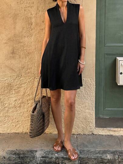 Vestido corto casual de verano/primavera para vacaciones, con cuello en pico, sin mangas y corte evasé, talla estándar para mujer