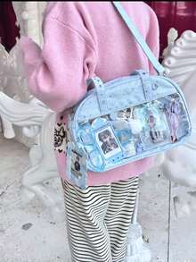 1pc Japanese Style New Original Casual Fashion Sweet Cute College Large Capacity Starry Sky Bowling Bag, Soft Lightweight Canvas Transparent Badge Grain Bag, Women Daily Commute Party Shoulder Crossbody Bag - Multicolor - View 7