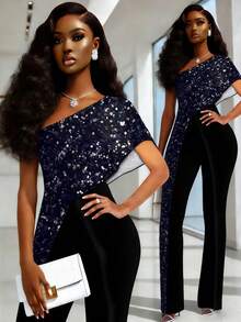 Valentine Outfits For Women Valentine's Day Shimmering Fabric Elegant Party Holiday Outfit Off-Shoulder Asymmetric Hem Jumpsuit - Black - View 4