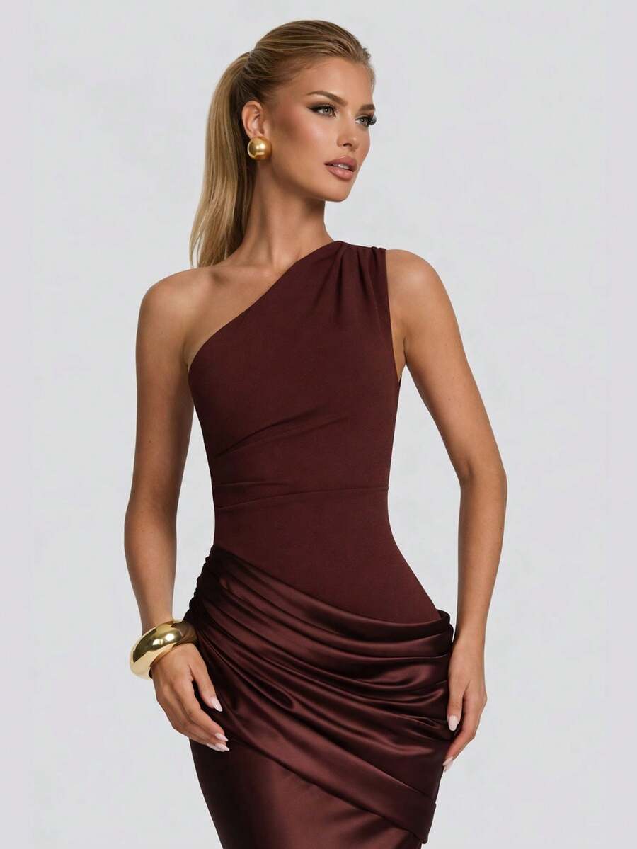 Sleeveless Solid Color Party Sexy Zipper Asymmetric/Asymmetrical Backless Evening Dress - Brown - View 1