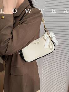 新款时尚百搭PU防水M字母图案单肩包，印花设计搭配金属链条装饰，法式长方形包，适合女性办公、购物、旅行（附赠吊坠） - 白色 - 查看 8