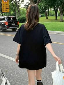 200g Pure Cotton T-Shirt 2025 Summer Ladies New Short Sleeve Pure Cotton Holiday Pattern Short Sleeve Round Neck Couple Wear Small Shirt Tops - màu đen - Xem 2