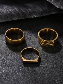3pcs 18K Gold Plated Stainless Steel Rings, Hammered Texture Classic 8mm Curved Rings, Unisex Simple Rings, Great Gift For Lover, Friend - Gold - View 3