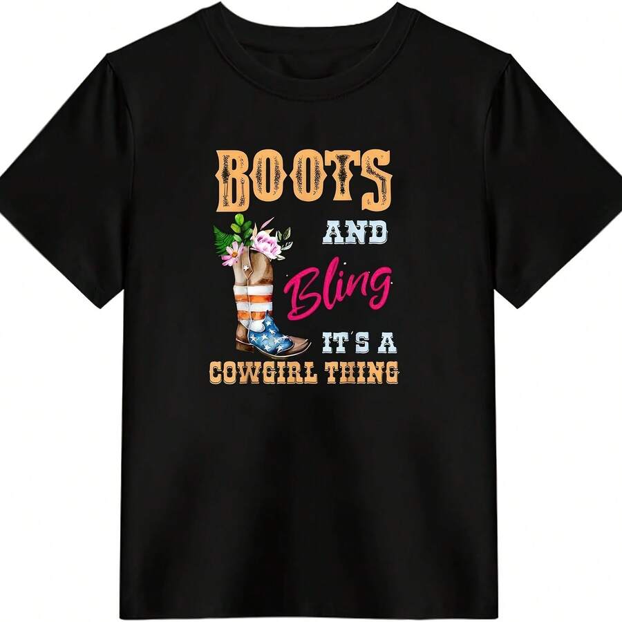 Bonita Camiseta Vaquera de Botas y Bandera de EE. UU. UU. de Brillo Es cosa de vaqueras - Negro 4 - Ver 1