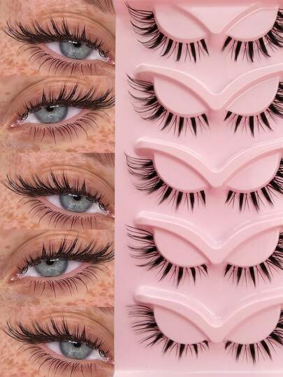 5 Pairs Of Cat Eye Lashes D Curl Pink Box Long Eyelashes Cat Eye Makeup Slender Eyelashes Eyelash Tips Long And Dense False Eyelashes