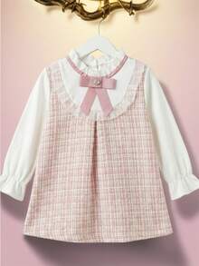 女嬰格紋印花前蝴蝶結喇叭袖褶邊假兩件連衣裙 - 彩色 - 查看 1