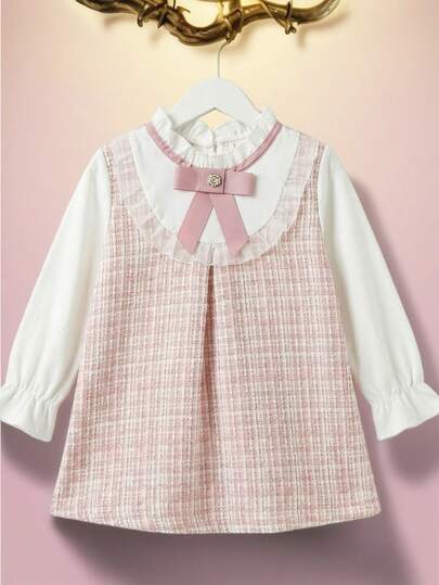 女嬰格紋印花前蝴蝶結喇叭袖褶邊假兩件連衣裙