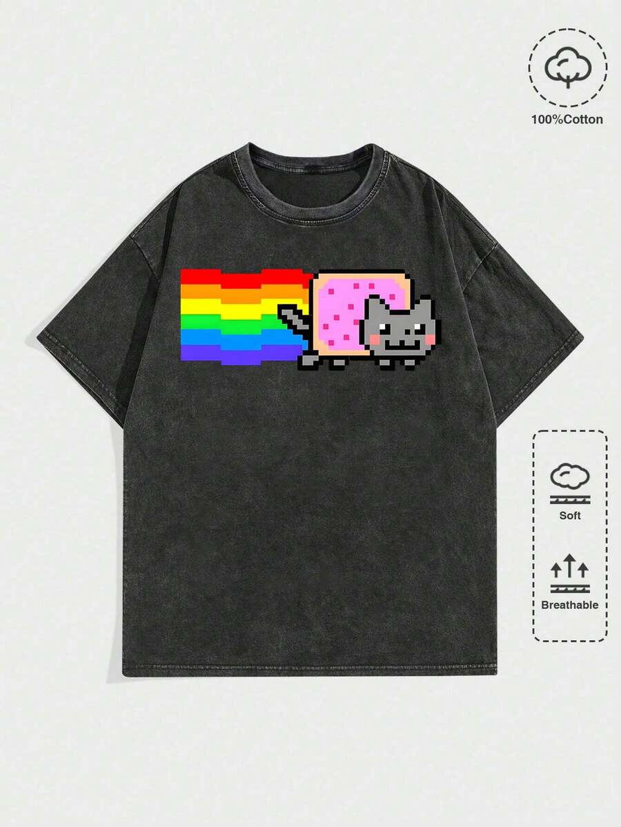 Acid Washed Retro Clothes Women Pixel-Art Rainbow Cat Graphic Tee,Casual Digital Print Pure Heavy Cotton T Shirt,220g Cotton T-Shirt,Gift,Summer,Unisex Cute Tops,100 Days Of School,Spring Clothes,Summer Tops For Women - 黑色水洗 - 查看 1