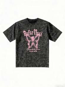 Women's Oversized Acid Wash T-Shirt With Pink Butterfly Print Y2K And Gothic Lettering, Fairy Grunge Style Off-Shoulder Top, Acubi Aesthetic Casual Top, Vin T-Shirt - 黑色 - 查看 6