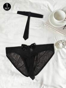 Men's Solid Color Sexy Semi-Sheer Mesh Breathable Comfortable Daily Pouch Bow Decor Thong Underwear, Matching Tie & Collar - Black - View 1