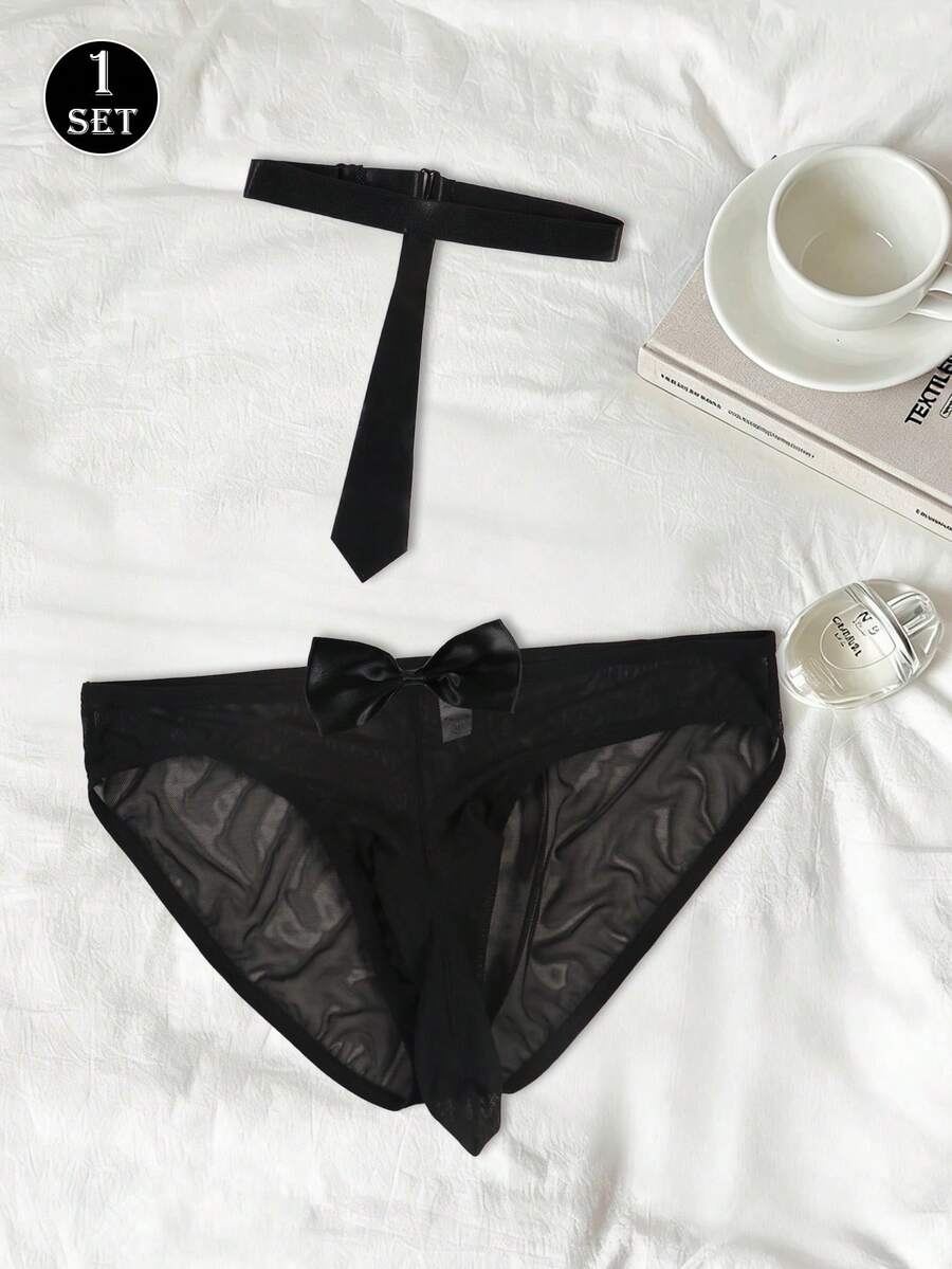 Men's Solid Color Sexy Semi-Sheer Mesh Breathable Comfortable Daily Pouch Bow Decor Thong Underwear, Matching Tie & Collar - Black - View 1