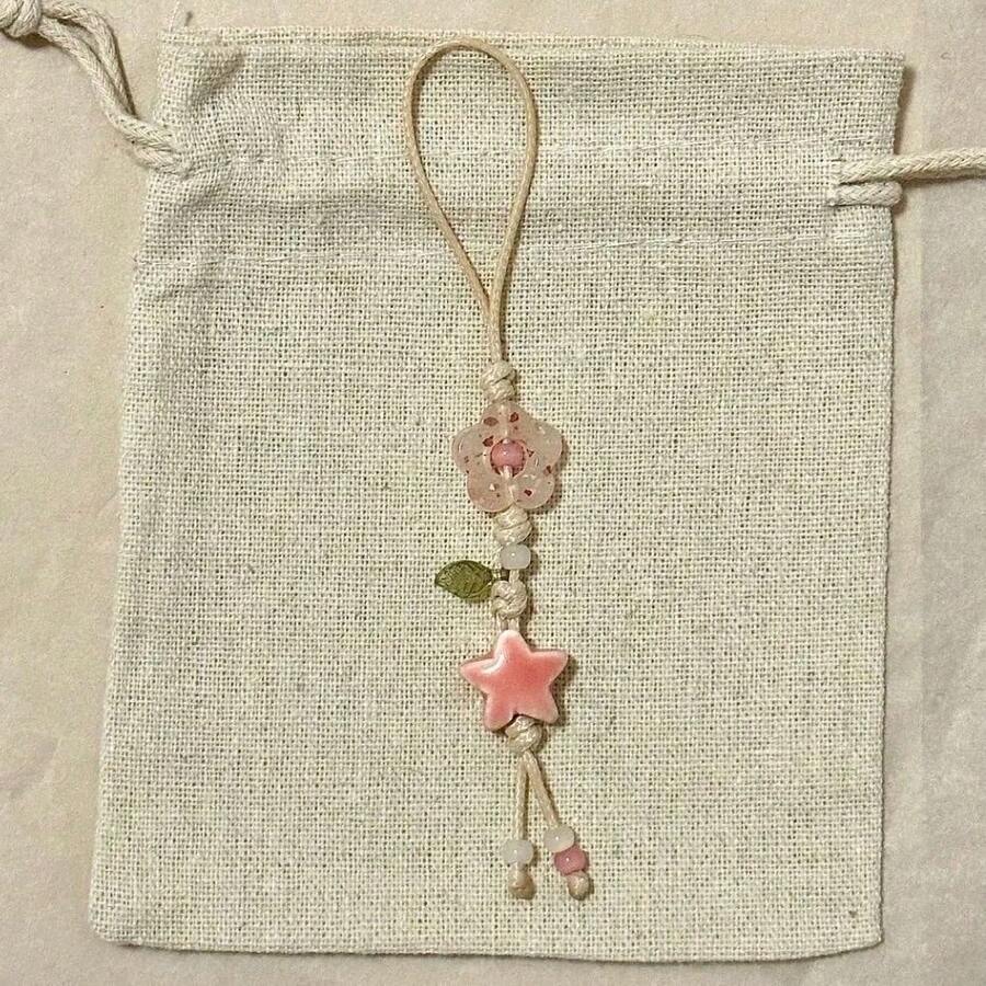 Cute Ceramic 1pc Cute Star Flower Phone Charm Strap Kawaii Beaded Phone Lanyard Spring Gift Birthday Party - a - View 1