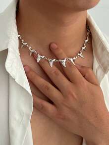 1件复古朋克摇滚不对称几何鲨鱼牙拼接吊坠金属项链，嘻哈高端休闲极简街头风，度假派对，日常情侣百搭时尚男士项链礼物 - 項鍊 - 查看 4