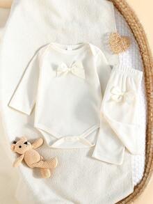 3 Stücke/Set Neugeborene Baby Mädchen süße Schleife Dekor Langarm Romper und Taschen Lässig Hose Outfit, geeignet für Frühling/Sommer Outdoor - Verschiedenfarbig - Übersicht 6