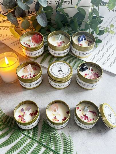 1pc Gold Tin Dried Flower & Crystal Stone Scented Candle, Suitable For Wedding, Birthday, Valentine's Day, Mother's Day Decor, Home/Hotel Decoration, Creative Gift For Friends, Family, Weddings