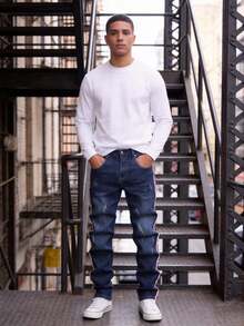 Men's Jeans Distress Hall  Streetwear Purple Jeans Panta Ronde Ombre Western Style Red White Stripe Middle Waist Elastic Casual Cotton Wash Processed Blue Denim - 藍色 - 查看 2