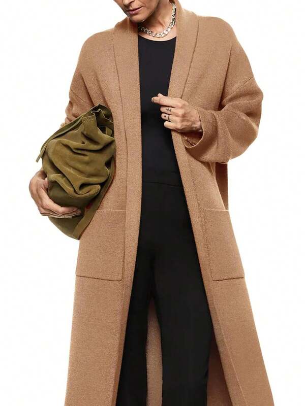 Womens Long Sleeve Maxi Cardigan Open Front Oversized Knitted Sweater Coat Casual Lapel Warm Overcoat With Pockets