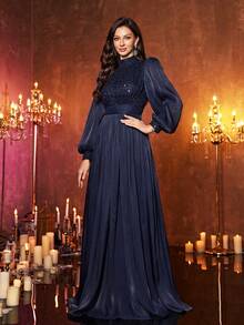 UNITHORSE 女士立领灯笼袖亮片拼接仿霓虹长款晚礼服，完美适用于伴娘礼服、毕业礼服、婚礼宾客礼服、正式场合派对等春季活动。 - 藏蓝色 - 查看 1