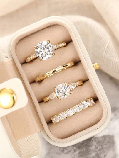 4 piezas Anillos de circonita cúbica de lujo con caja para mujeres para boda, compromiso, aniversario, fiesta, joyería, regalo del Día de San Valentín