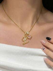 1 chiếc dây chuyền mặt dây chuyền hình trái tim đính đá Cubic Zirconia màu hồng dễ thương, kiểu dáng tối giản, có thể khắc chữ theo yêu cầu, thích hợp cho nữ giới đeo hàng ngày, làm quà tặng Ngày Valentine/Sinh nhật. - Vàng - Xem 2