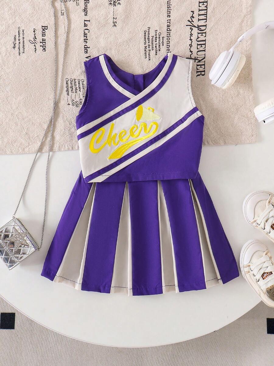 2件套女童休闲时尚校园风背心+裙子套装，夏季啦啦队服 - 紫色 - 查看 1