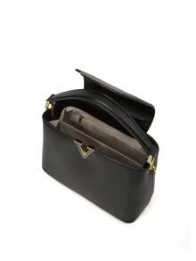 女士手提包，经典顶部提手包，时尚斜挎包，配有可拆卸肩带，V形装饰和金色五金配件 - 黑色 - 查看 4